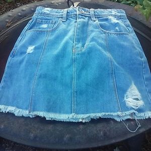 Denim Mini Skirt|Light Denim Wash Raw Hem Distress